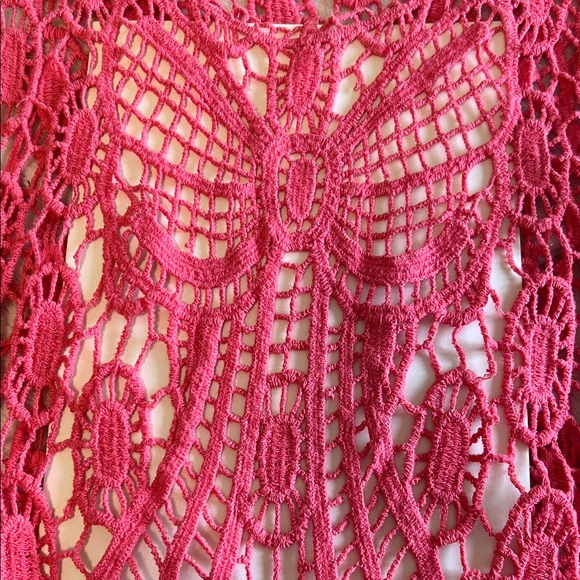Open Knit Boho Bow Swim Cover Scalloped Hem Bright Coral Bohemian Festival - Picture 7 of 8